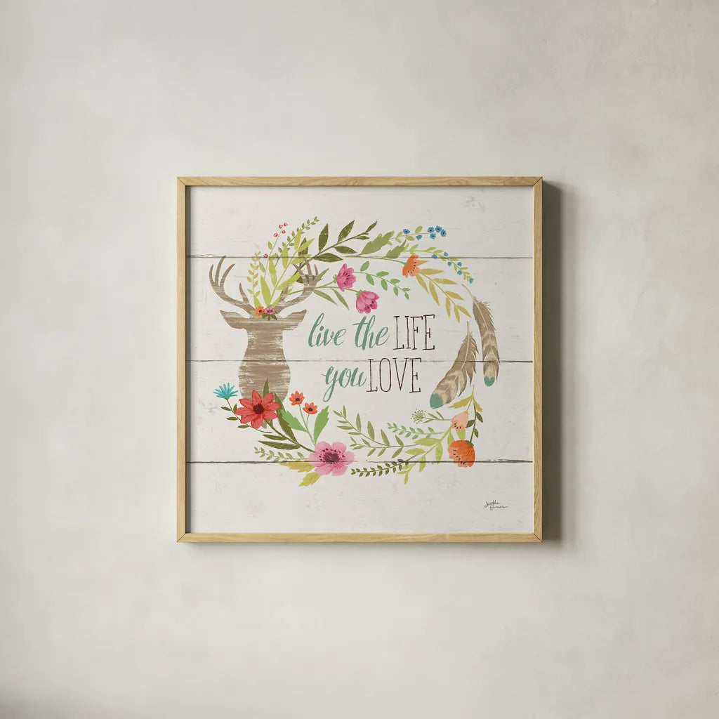 Rustic Bloom IV by Janelle Penner. Shown in a natural wood glass frame for a timeless modern aesthetic. Available as an archival giclee rolled canvas, fine art paper, or poster print. SKU 31857a.