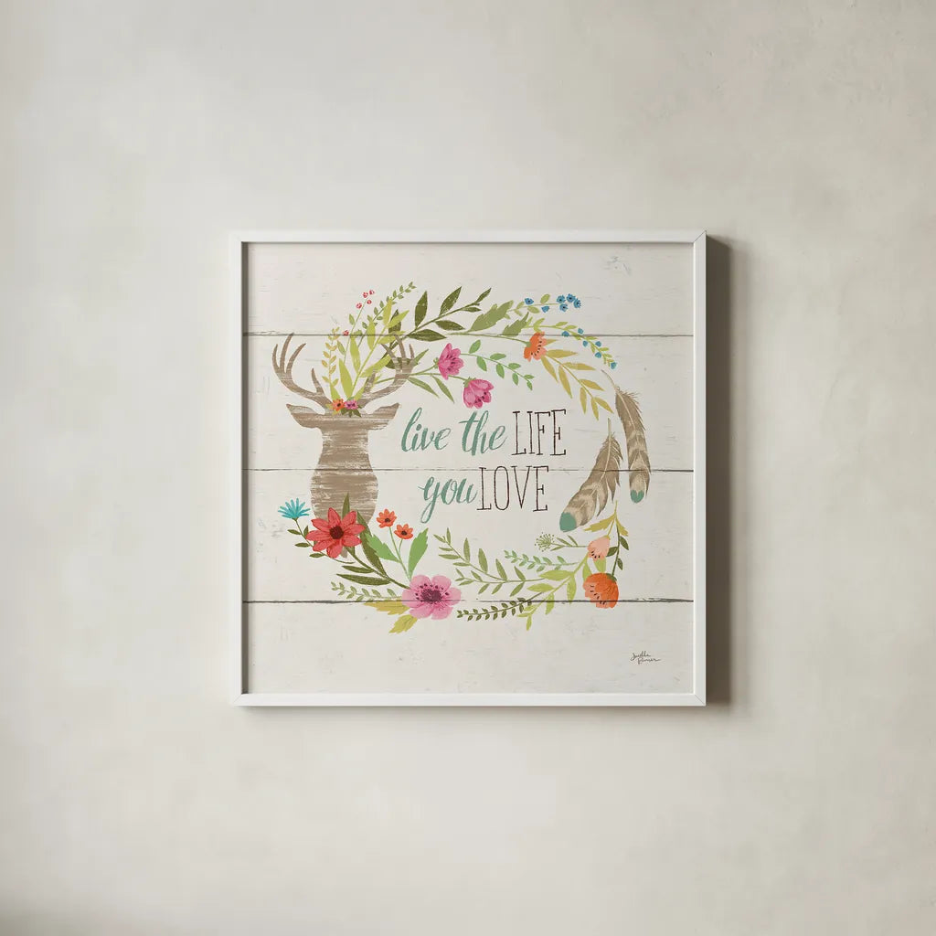 Rustic Bloom IV by Janelle Penner. Shown in a crisp white glass frame for a clean and minimalist style. Available as an archival giclee rolled canvas, fine art paper, or poster print. SKU 31857a.