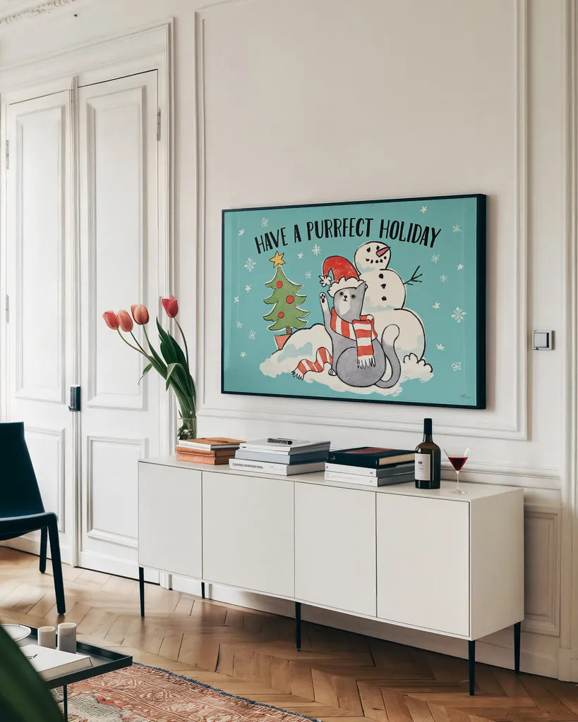 Santa Paws I by Janelle Penner. shown as a framed stretched canvas in a living room above a console. Available as a archival giclee rolled canvas, fine art paper, or poster print. SKU 47099i.