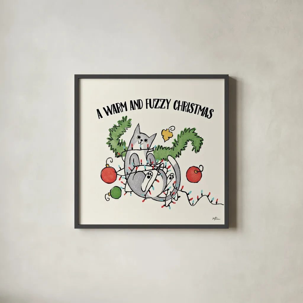 Santa Paws II by Janelle Penner. Shown in a sleek black glass frame for a contemporary gallery look. Available as an archival giclee rolled canvas, fine art paper, or poster print. SKU 47100a.