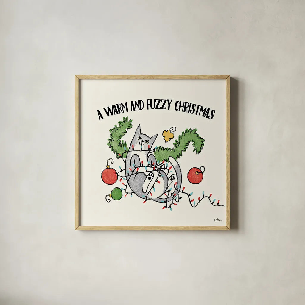 Santa Paws II by Janelle Penner. Shown in a natural wood glass frame for a timeless modern aesthetic. Available as an archival giclee rolled canvas, fine art paper, or poster print. SKU 47100a.