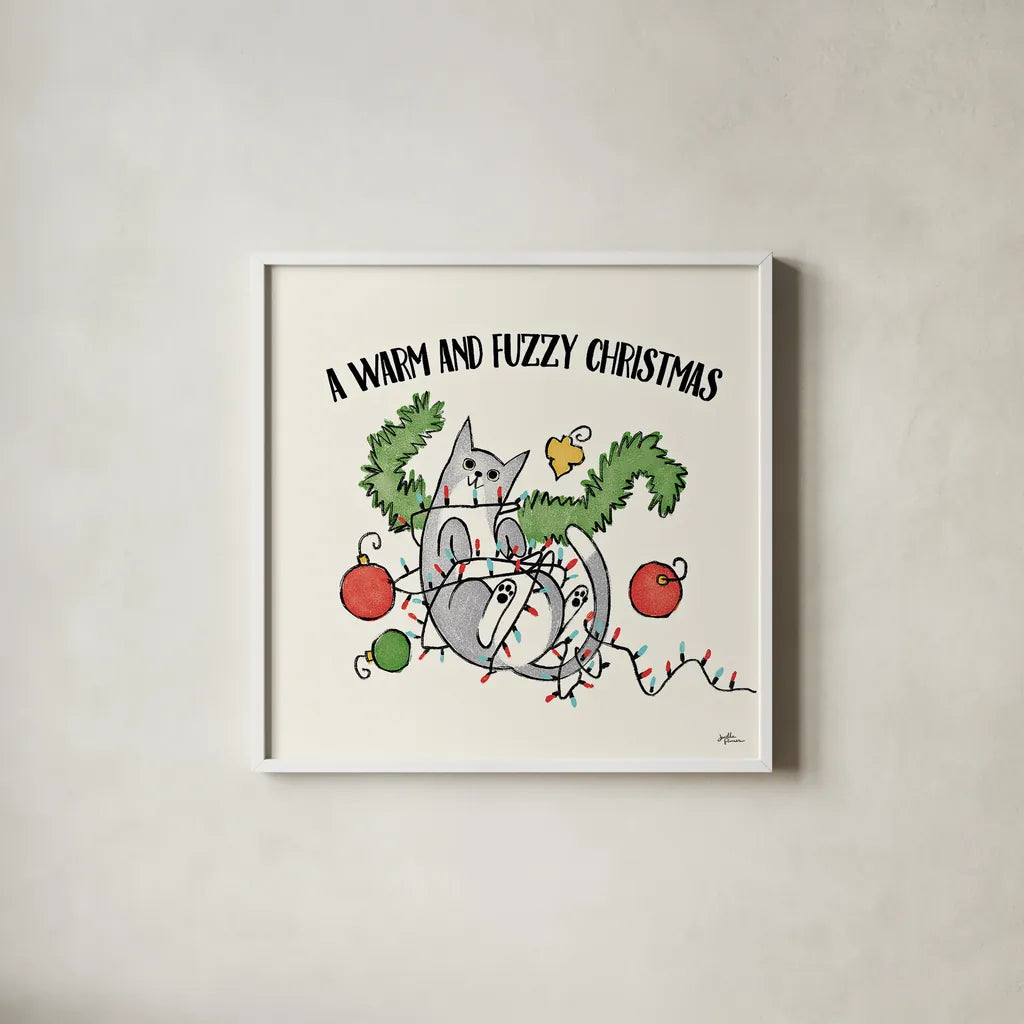 Santa Paws II by Janelle Penner. Shown in a crisp white glass frame for a clean and minimalist style. Available as an archival giclee rolled canvas, fine art paper, or poster print. SKU 47100a.