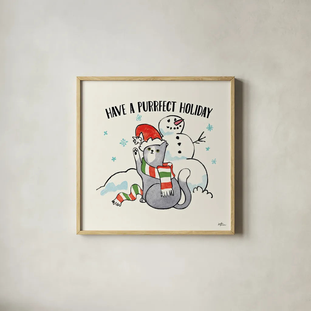 Santa Paws III by Janelle Penner. Shown in a natural wood glass frame for a timeless modern aesthetic. Available as an archival giclee rolled canvas, fine art paper, or poster print. SKU 47101a.