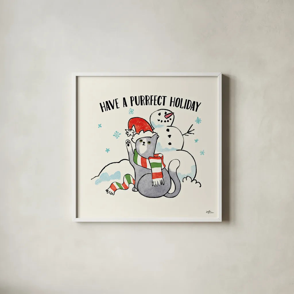 Santa Paws III by Janelle Penner. Shown in a crisp white glass frame for a clean and minimalist style. Available as an archival giclee rolled canvas, fine art paper, or poster print. SKU 47101a.