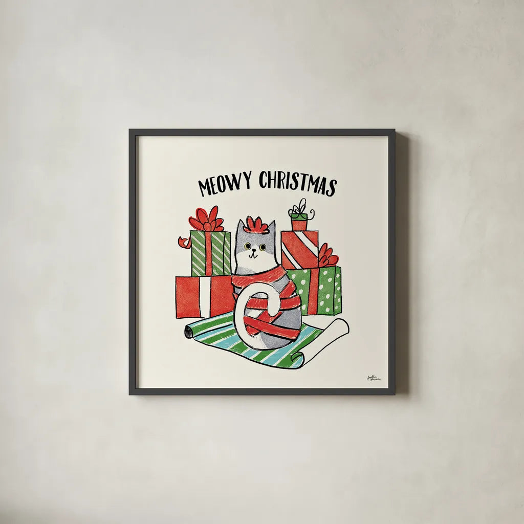 Santa Paws IV by Janelle Penner. Shown in a sleek black glass frame for a contemporary gallery look. Available as an archival giclee rolled canvas, fine art paper, or poster print. SKU 47102a.