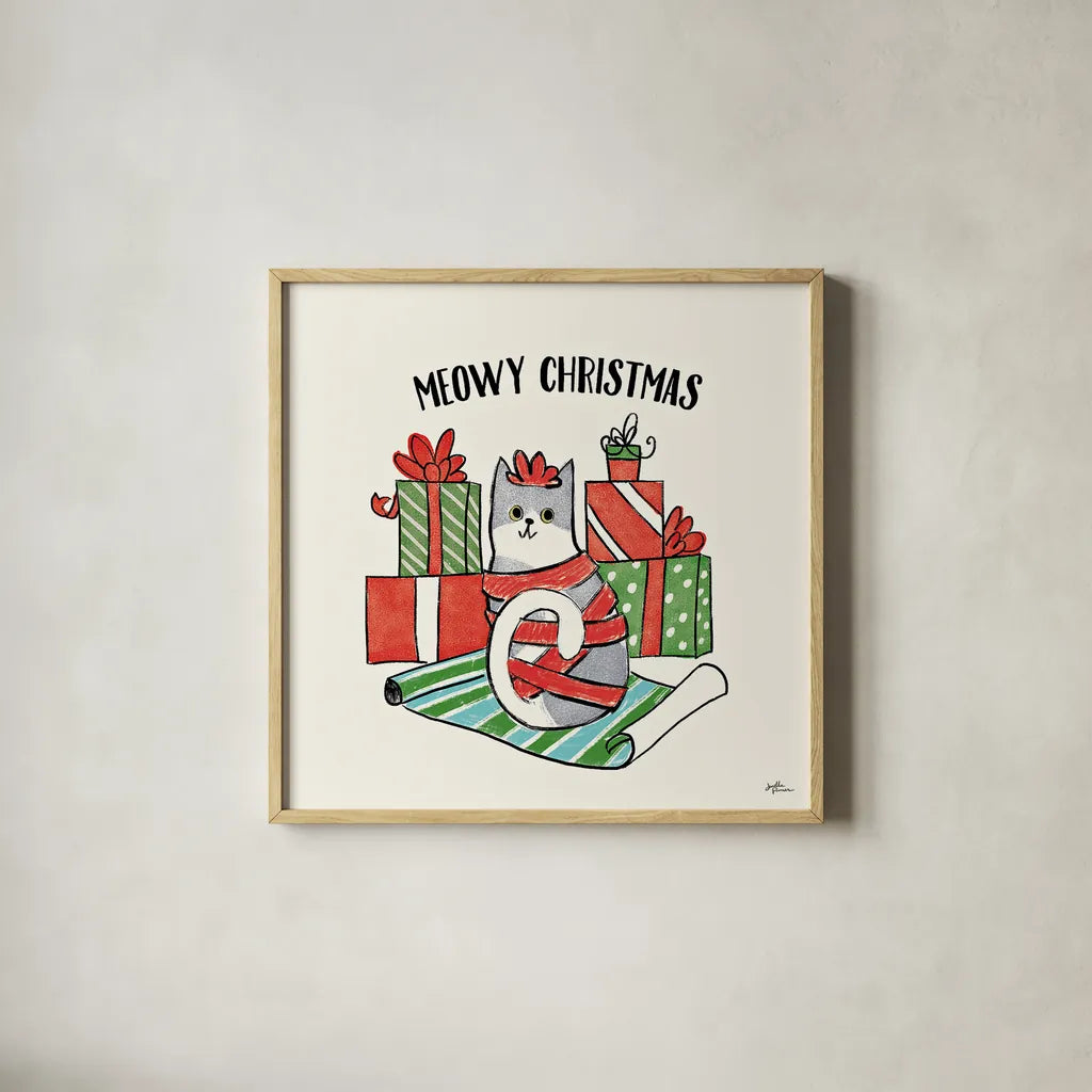 Santa Paws IV by Janelle Penner. Shown in a natural wood glass frame for a timeless modern aesthetic. Available as an archival giclee rolled canvas, fine art paper, or poster print. SKU 47102a.