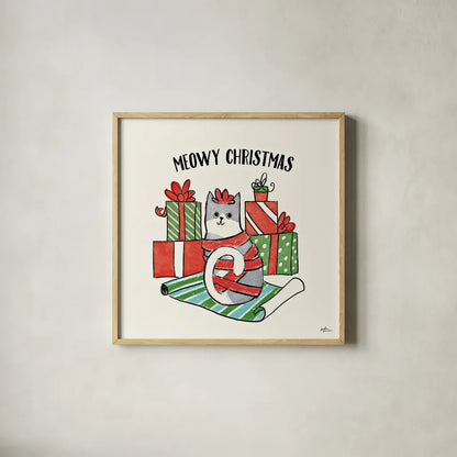 Santa Paws IV by Janelle Penner. Shown in a natural wood glass frame for a timeless modern aesthetic. Available as an archival giclee rolled canvas, fine art paper, or poster print. SKU 47102a.