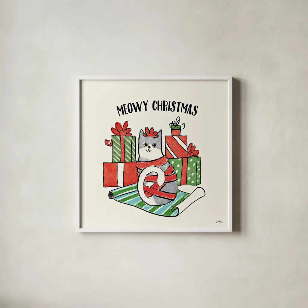 Santa Paws IV by Janelle Penner. Shown in a crisp white glass frame for a clean and minimalist style. Available as an archival giclee rolled canvas, fine art paper, or poster print. SKU 47102a.