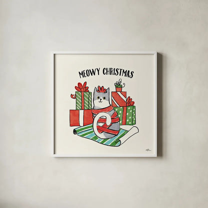 Santa Paws IV by Janelle Penner. Shown in a crisp white glass frame for a clean and minimalist style. Available as an archival giclee rolled canvas, fine art paper, or poster print. SKU 47102a.