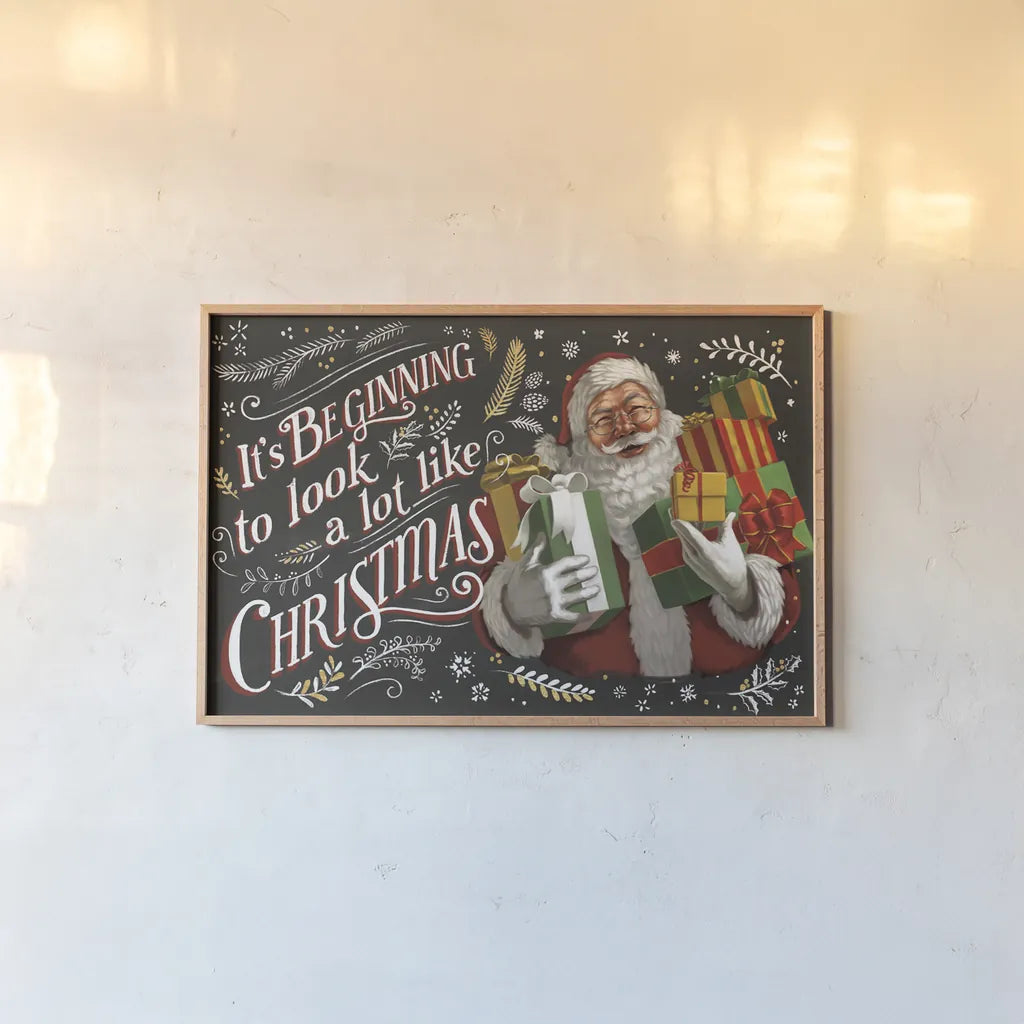 Santas List IV Black by Janelle Penner. shown as a paper print in a natural frame. Available as a archival giclee rolled canvas, fine art paper, or poster print. SKU 68423i.