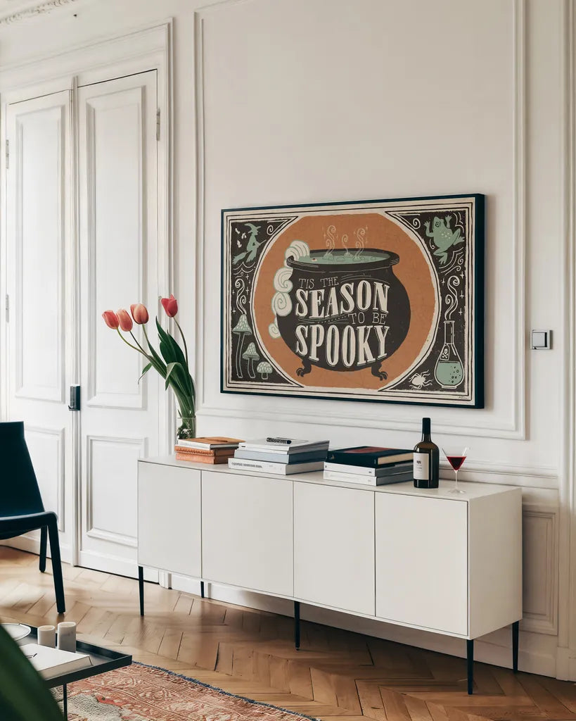 Scaredy Cats I by Janelle Penner. shown as a framed stretched canvas in a living room above a console. Available as a archival giclee rolled canvas, fine art paper, or poster print. SKU 61615i.