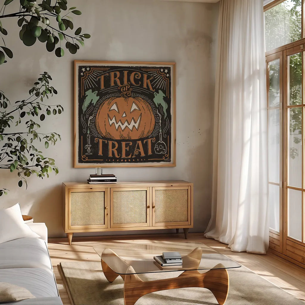 Scaredy Cats II by Janelle Penner. Shown in a natural wood frame in a cozy modern living room. Available as an archival giclee rolled canvas, fine art paper, or poster print. SKU 61616a.