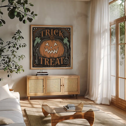 Scaredy Cats II by Janelle Penner. Shown in a natural wood frame in a cozy modern living room. Available as an archival giclee rolled canvas, fine art paper, or poster print. SKU 61616a.