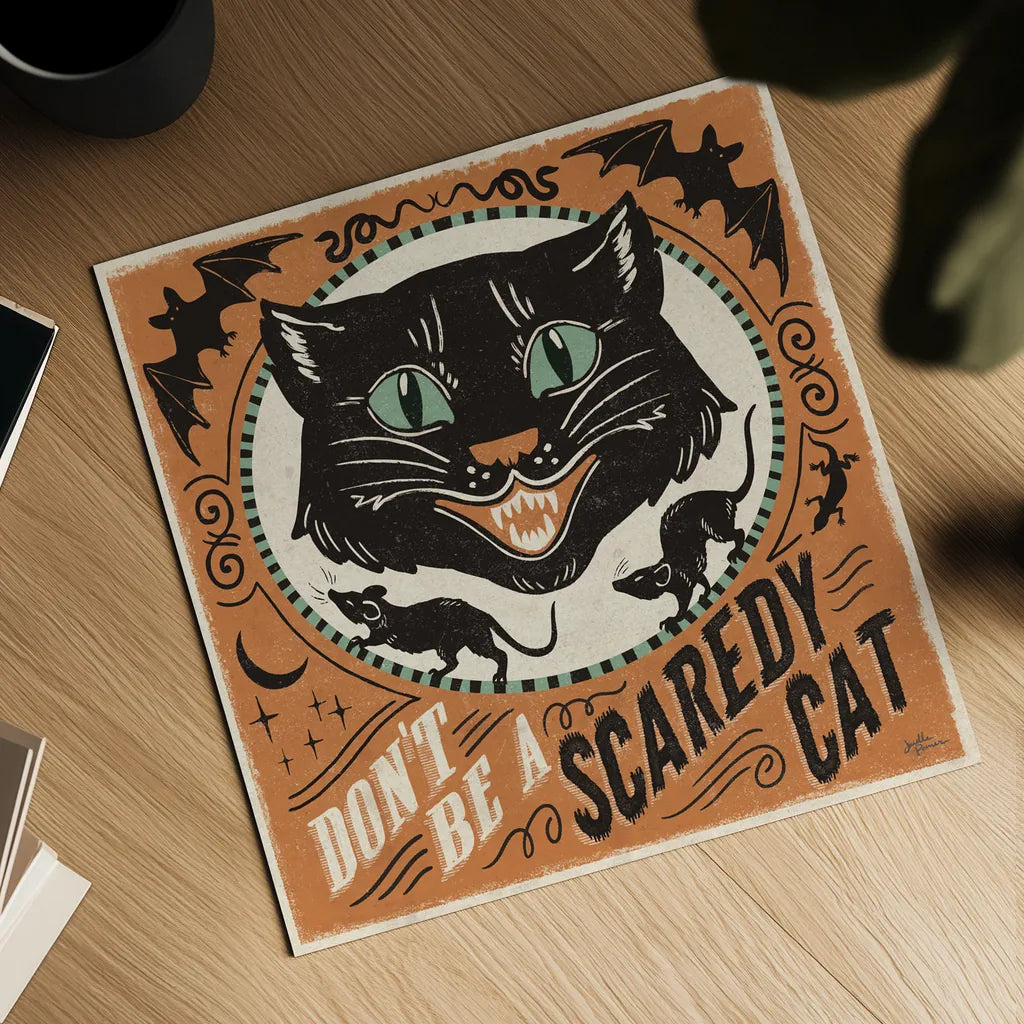Scaredy Cats III by Janelle Penner. Shown as a detailed flat fine art print, highlighting archival giclee quality. Available as an archival giclee rolled canvas, fine art paper, or poster print. SKU 61617a.