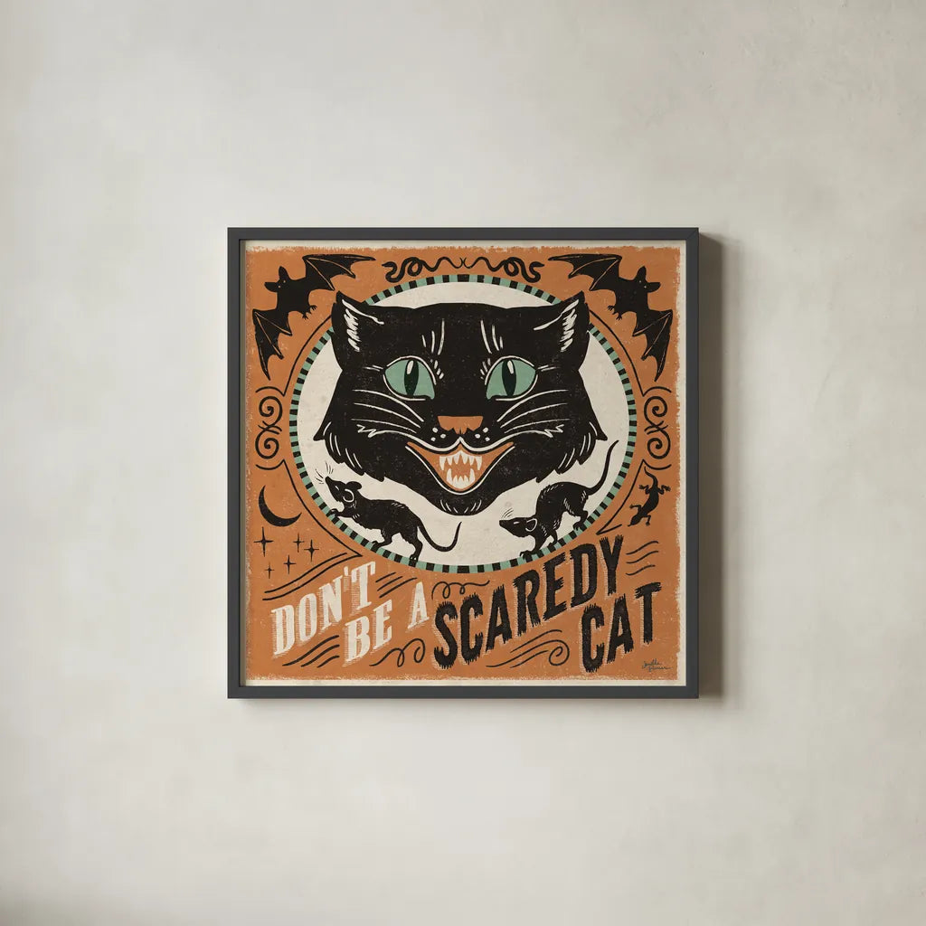 Scaredy Cats III by Janelle Penner. Shown in a sleek black glass frame for a contemporary gallery look. Available as an archival giclee rolled canvas, fine art paper, or poster print. SKU 61617a.