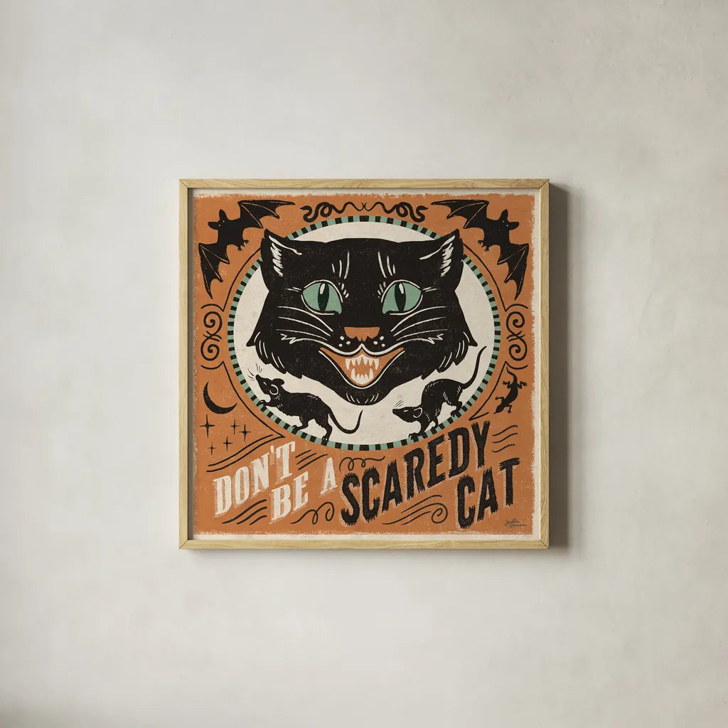 Scaredy Cats III by Janelle Penner. Shown in a natural wood glass frame for a timeless modern aesthetic. Available as an archival giclee rolled canvas, fine art paper, or poster print. SKU 61617a.