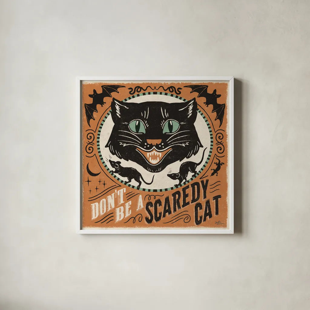 Scaredy Cats III by Janelle Penner. Shown in a crisp white glass frame for a clean and minimalist style. Available as an archival giclee rolled canvas, fine art paper, or poster print. SKU 61617a.