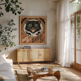 Scaredy Cats III by Janelle Penner. Shown in a natural wood frame in a cozy modern living room. Available as an archival giclee rolled canvas, fine art paper, or poster print. SKU 61617a.