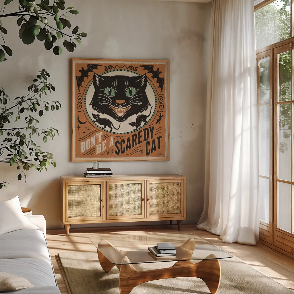 Scaredy Cats III by Janelle Penner. Shown in a natural wood frame in a cozy modern living room. Available as an archival giclee rolled canvas, fine art paper, or poster print. SKU 61617a.