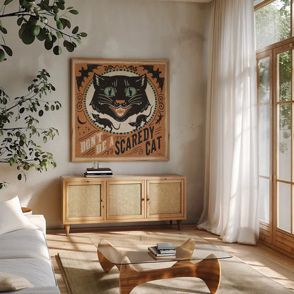 Scaredy Cats III by Janelle Penner. Shown in a natural wood frame in a cozy modern living room. Available as an archival giclee rolled canvas, fine art paper, or poster print. SKU 61617a.