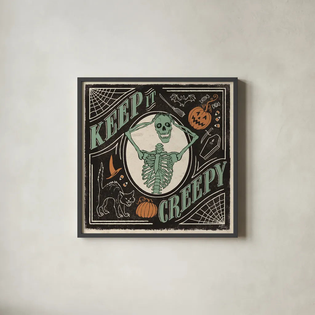 Scaredy Cats V by Janelle Penner. Shown in a sleek black glass frame for a contemporary gallery look. Available as an archival giclee rolled canvas, fine art paper, or poster print. SKU 61619a.