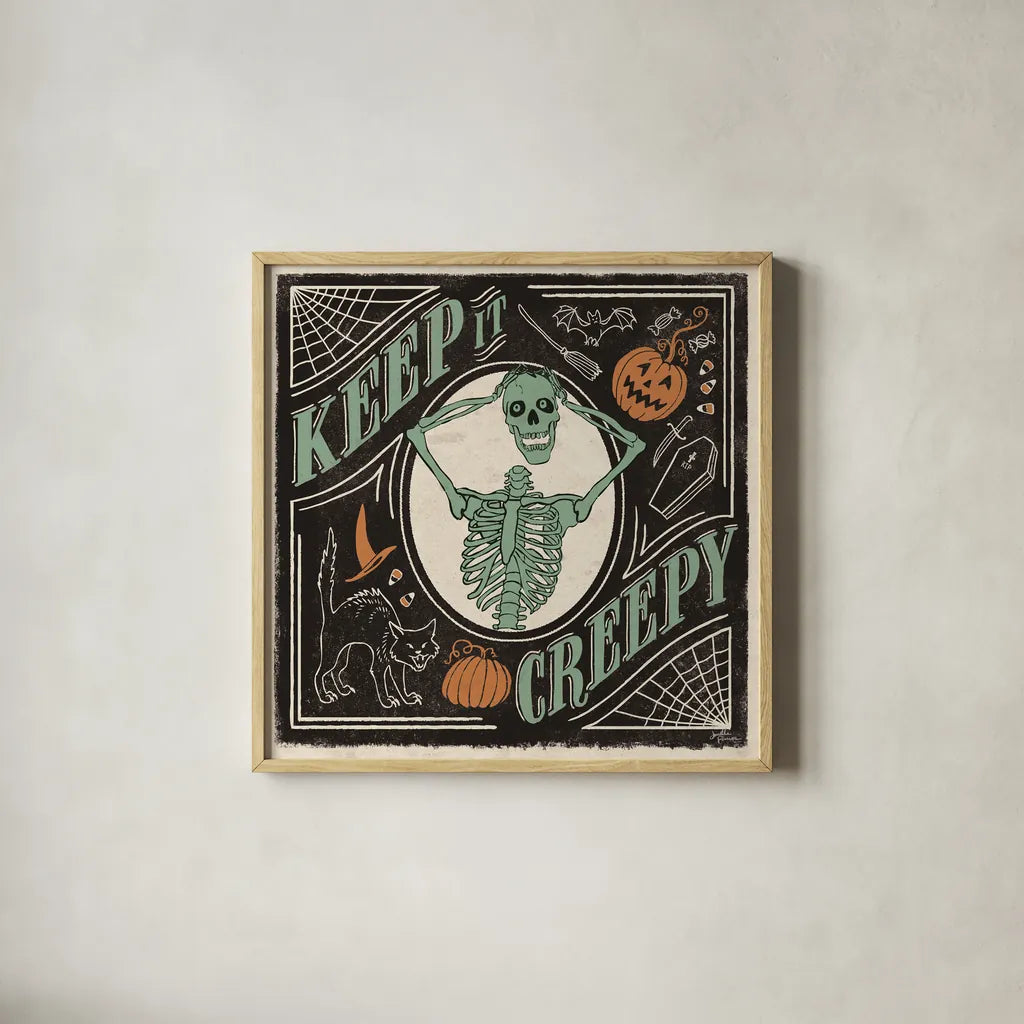 Scaredy Cats V by Janelle Penner. Shown in a natural wood glass frame for a timeless modern aesthetic. Available as an archival giclee rolled canvas, fine art paper, or poster print. SKU 61619a.