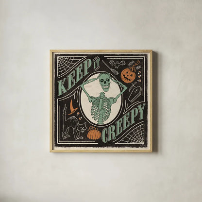 Scaredy Cats V by Janelle Penner. Shown in a natural wood glass frame for a timeless modern aesthetic. Available as an archival giclee rolled canvas, fine art paper, or poster print. SKU 61619a.