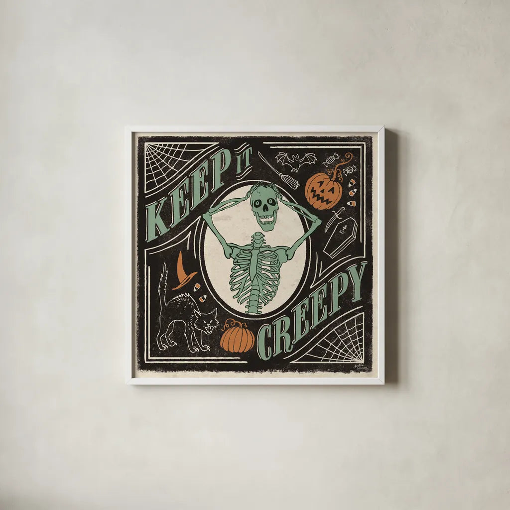 Scaredy Cats V by Janelle Penner. Shown in a crisp white glass frame for a clean and minimalist style. Available as an archival giclee rolled canvas, fine art paper, or poster print. SKU 61619a.