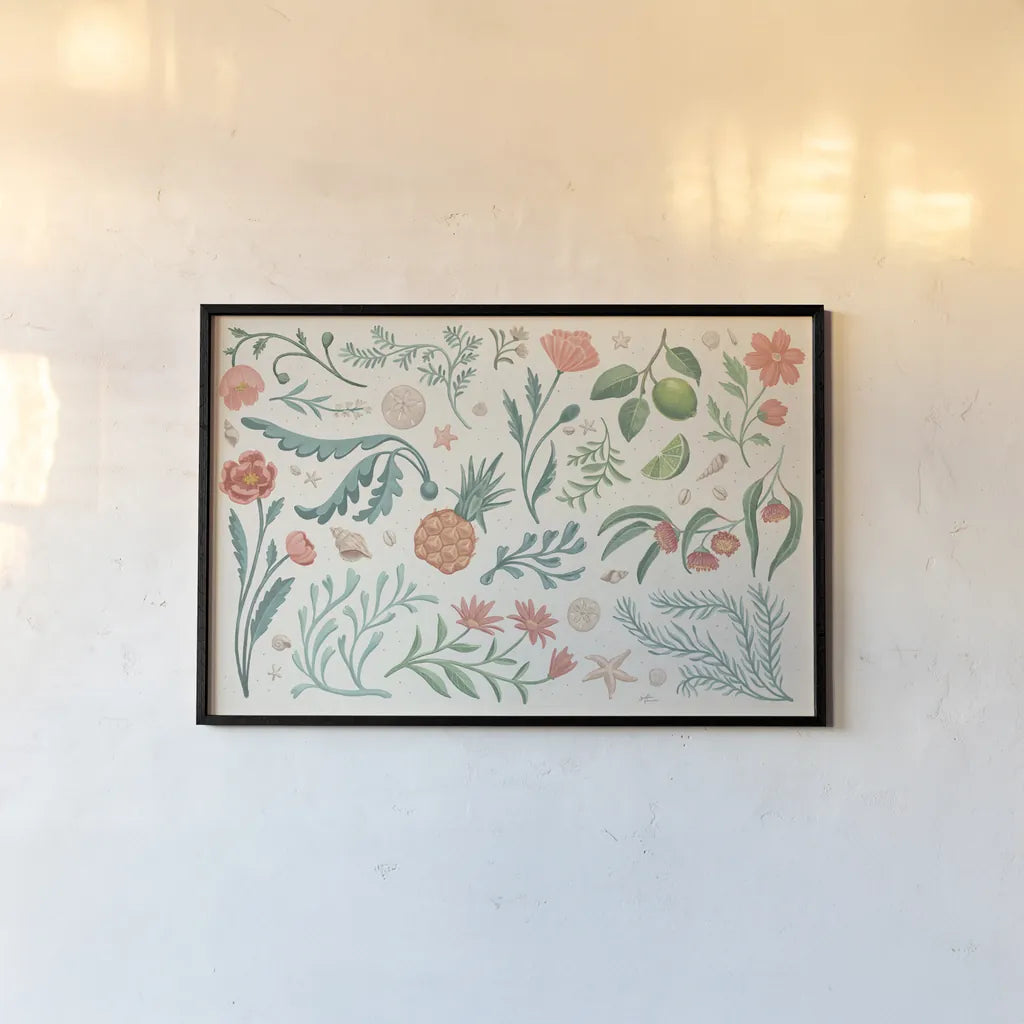 Seaside Botanical I by Janelle Penner. shown as a paper print in a black flame. Available as a archival giclee rolled canvas, fine art paper, or poster print. SKU 57008i.