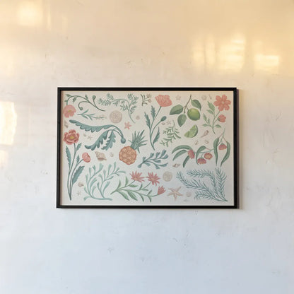 Seaside Botanical I by Janelle Penner. shown as a paper print in a black flame. Available as a archival giclee rolled canvas, fine art paper, or poster print. SKU 57008i.