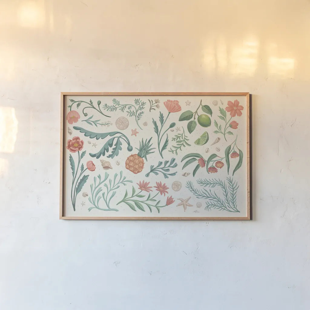 Seaside Botanical I by Janelle Penner. shown as a paper print in a natural frame. Available as a archival giclee rolled canvas, fine art paper, or poster print. SKU 57008i.