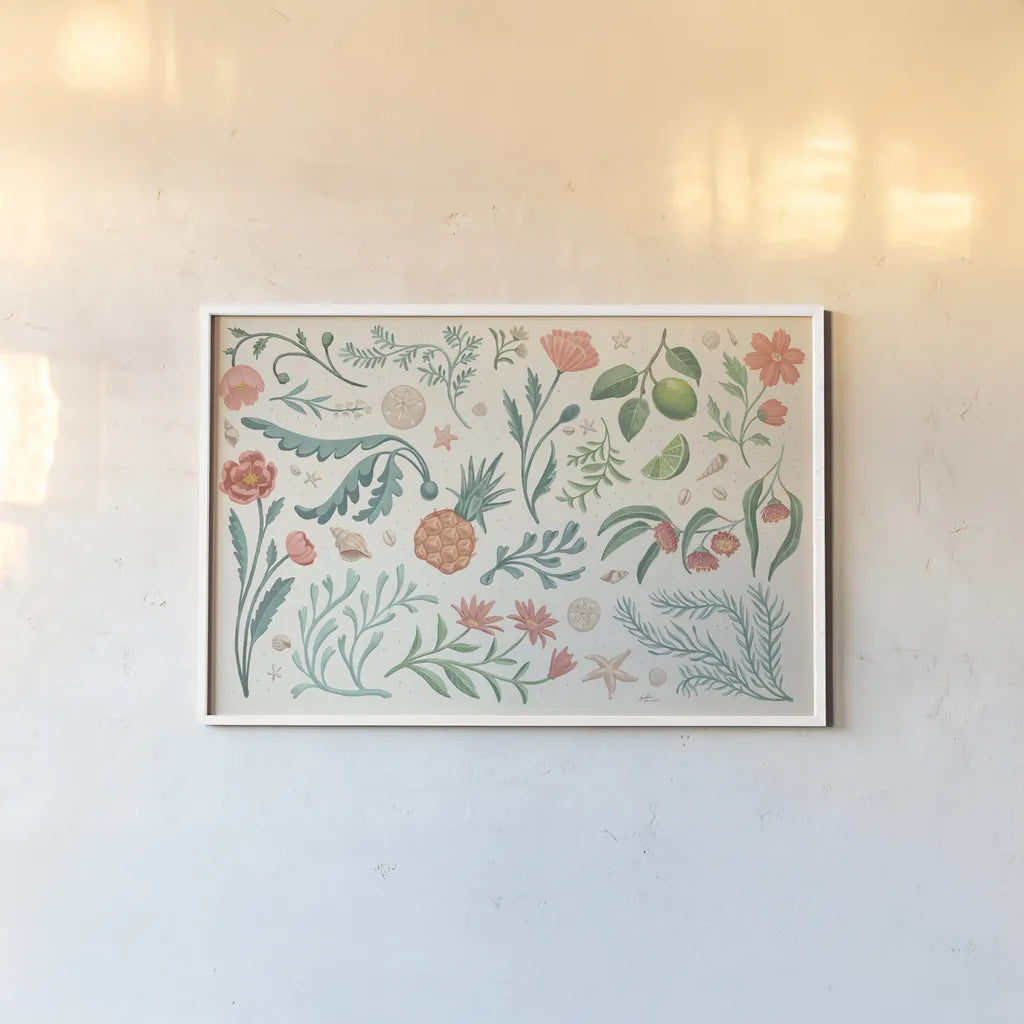 Seaside Botanical I by Janelle Penner. shown as a paper print in a white frame. Available as a archival giclee rolled canvas, fine art paper, or poster print. SKU 57008i.