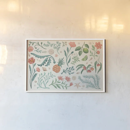 Seaside Botanical I by Janelle Penner. shown as a paper print in a white frame. Available as a archival giclee rolled canvas, fine art paper, or poster print. SKU 57008i.