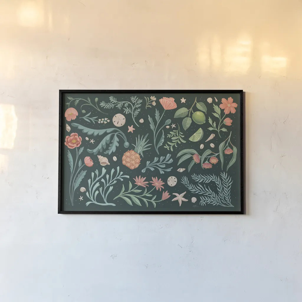 Seaside Botanical I Dark by Janelle Penner. shown as a paper print in a black flame. Available as a archival giclee rolled canvas, fine art paper, or poster print. SKU 57013i.