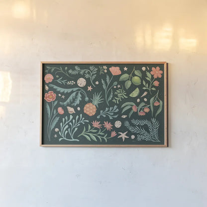 Seaside Botanical I Dark by Janelle Penner. shown as a paper print in a natural frame. Available as a archival giclee rolled canvas, fine art paper, or poster print. SKU 57013i.