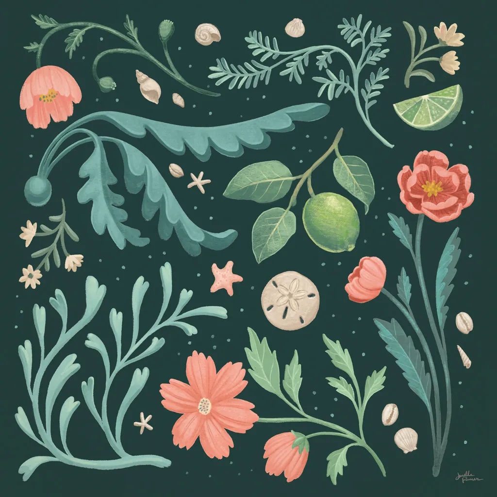 Seaside Botanical II Dark by Janelle Penner. SKU 57014a. Archival Giclee Fine art print for wall decor.