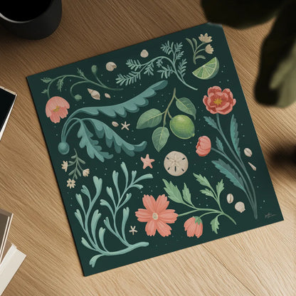 Seaside Botanical II Dark by Janelle Penner. Shown as a detailed flat fine art print, highlighting archival giclee quality. Available as an archival giclee rolled canvas, fine art paper, or poster print. SKU 57014a.