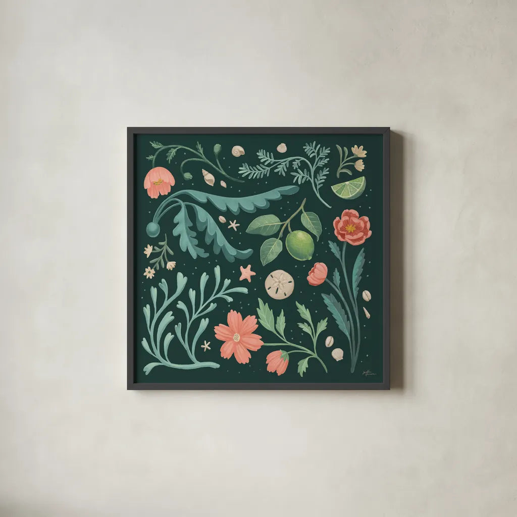 Seaside Botanical II Dark by Janelle Penner. Shown in a sleek black glass frame for a contemporary gallery look. Available as an archival giclee rolled canvas, fine art paper, or poster print. SKU 57014a.