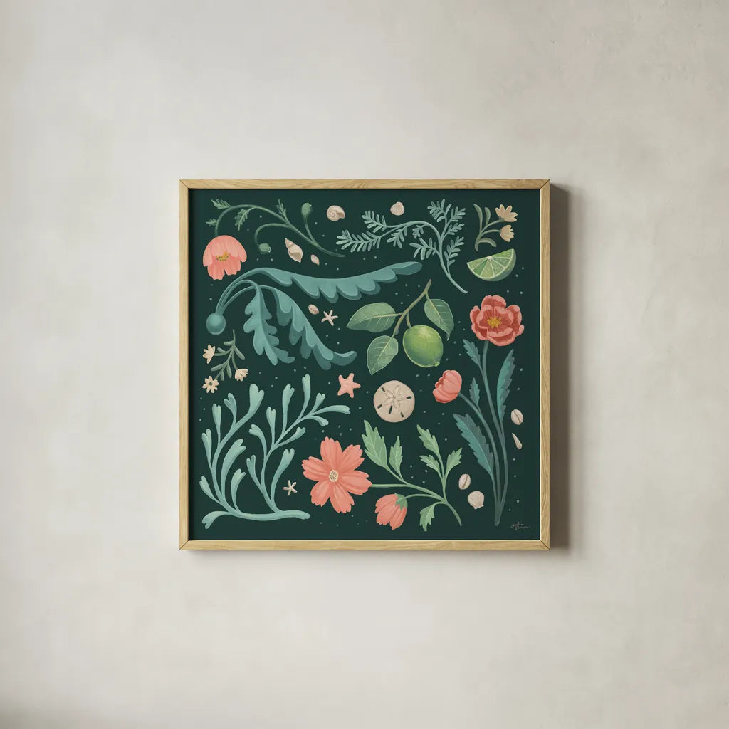 Seaside Botanical II Dark by Janelle Penner. Shown in a natural wood glass frame for a timeless modern aesthetic. Available as an archival giclee rolled canvas, fine art paper, or poster print. SKU 57014a.