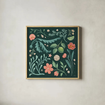 Seaside Botanical II Dark by Janelle Penner. Shown in a natural wood glass frame for a timeless modern aesthetic. Available as an archival giclee rolled canvas, fine art paper, or poster print. SKU 57014a.