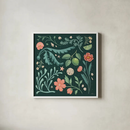 Seaside Botanical II Dark by Janelle Penner. Shown in a crisp white glass frame for a clean and minimalist style. Available as an archival giclee rolled canvas, fine art paper, or poster print. SKU 57014a.