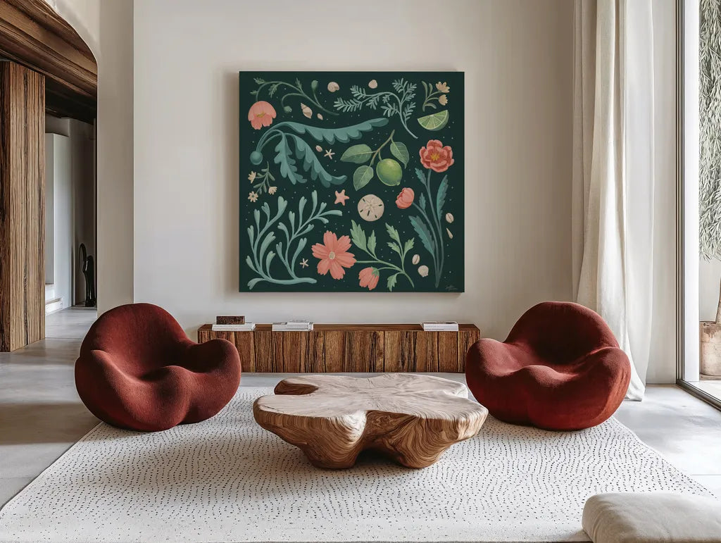Seaside Botanical II Dark by Janelle Penner. Shown as extra-large giant wall art in a modern living room. Available as an archival giclee rolled canvas, fine art paper, or poster print. SKU 57014a.
