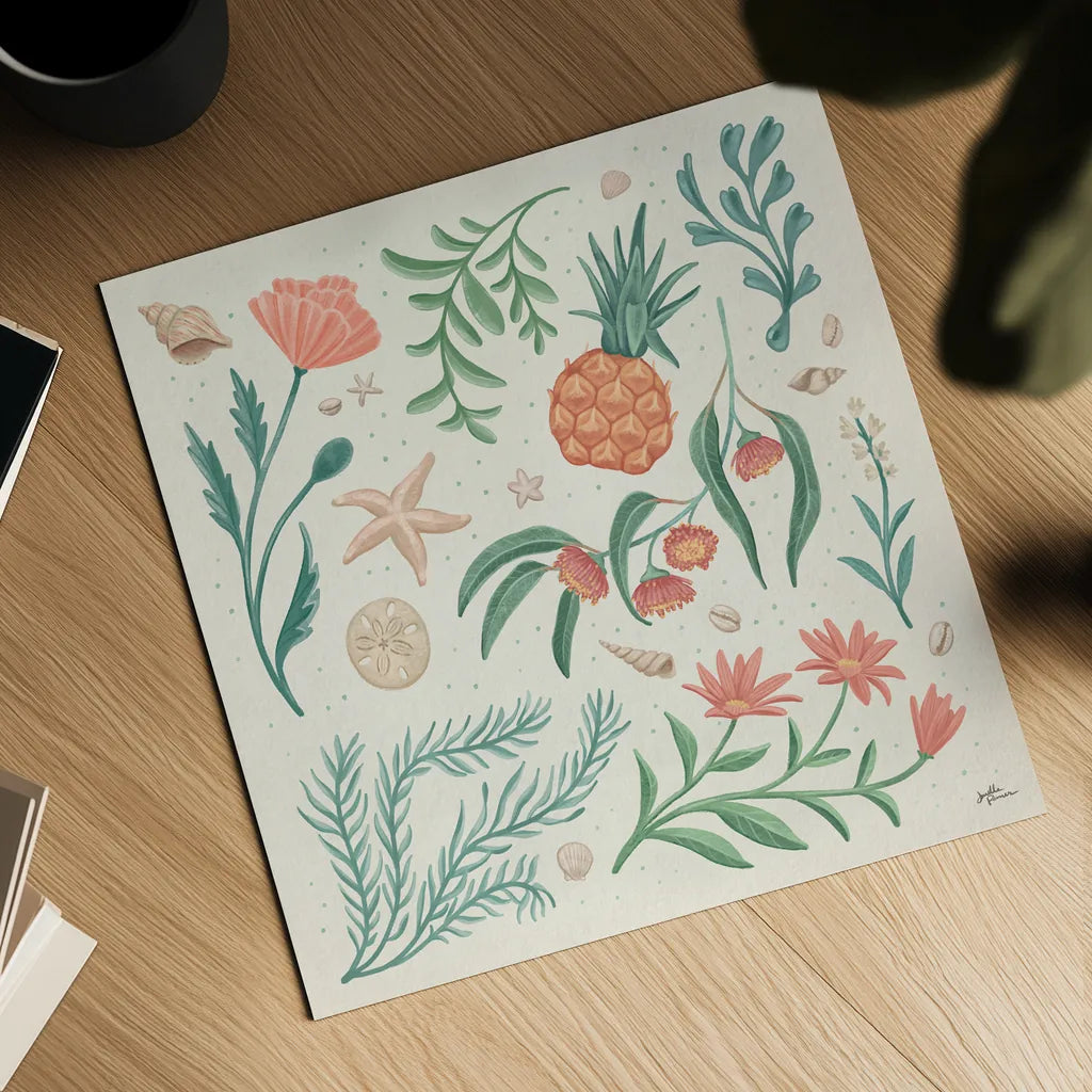 Seaside Botanical III by Janelle Penner. Shown as a detailed flat fine art print, highlighting archival giclee quality. Available as an archival giclee rolled canvas, fine art paper, or poster print. SKU 57010a.