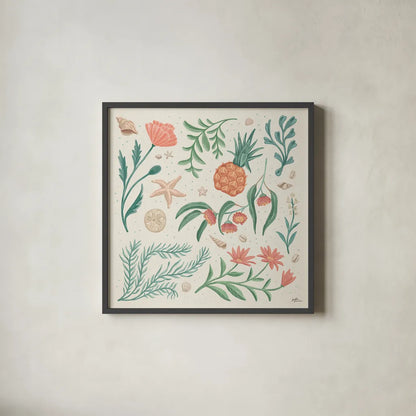 Seaside Botanical III by Janelle Penner. Shown in a sleek black glass frame for a contemporary gallery look. Available as an archival giclee rolled canvas, fine art paper, or poster print. SKU 57010a.