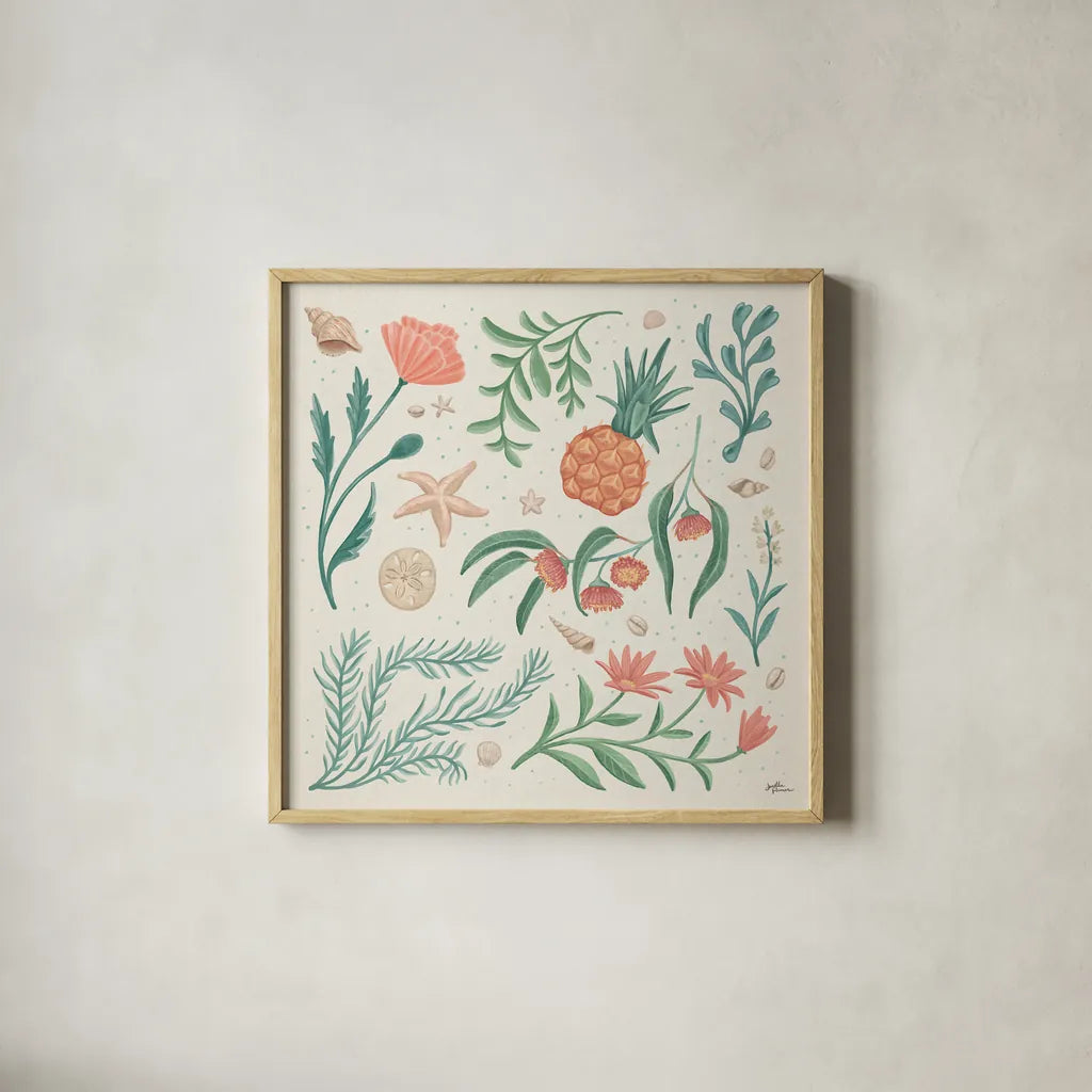 Seaside Botanical III by Janelle Penner. Shown in a natural wood glass frame for a timeless modern aesthetic. Available as an archival giclee rolled canvas, fine art paper, or poster print. SKU 57010a.