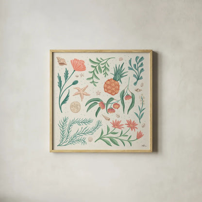 Seaside Botanical III by Janelle Penner. Shown in a natural wood glass frame for a timeless modern aesthetic. Available as an archival giclee rolled canvas, fine art paper, or poster print. SKU 57010a.