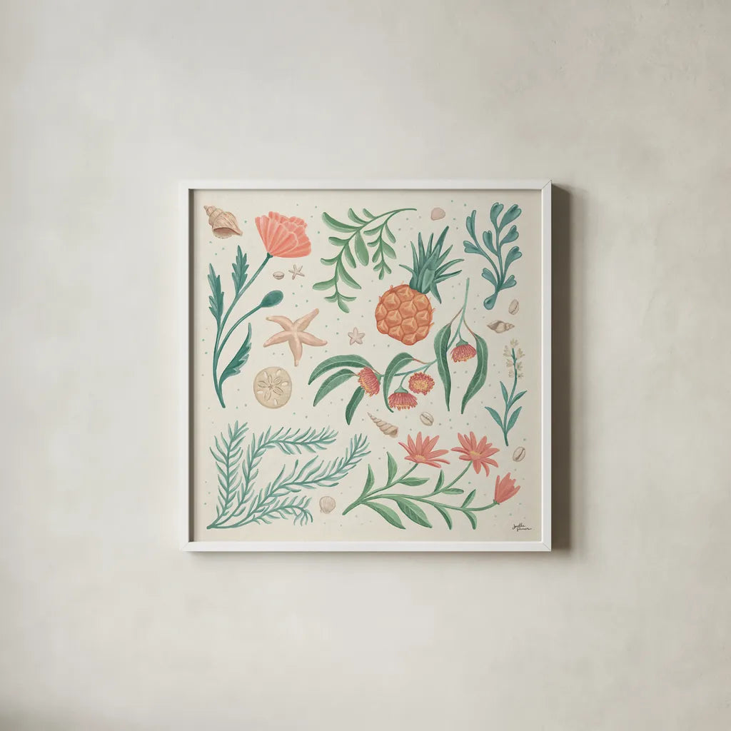 Seaside Botanical III by Janelle Penner. Shown in a crisp white glass frame for a clean and minimalist style. Available as an archival giclee rolled canvas, fine art paper, or poster print. SKU 57010a.