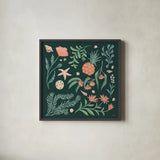 Seaside Botanical III Dark by Janelle Penner. Shown in a sleek black glass frame for a contemporary gallery look. Available as an archival giclee rolled canvas, fine art paper, or poster print. SKU 57015a.