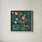Seaside Botanical III Dark by Janelle Penner. Shown in a natural wood glass frame for a timeless modern aesthetic. Available as an archival giclee rolled canvas, fine art paper, or poster print. SKU 57015a.