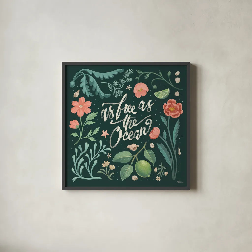 Seaside Botanical IV Dark by Janelle Penner. Shown in a sleek black glass frame for a contemporary gallery look. Available as an archival giclee rolled canvas, fine art paper, or poster print. SKU 57016a.